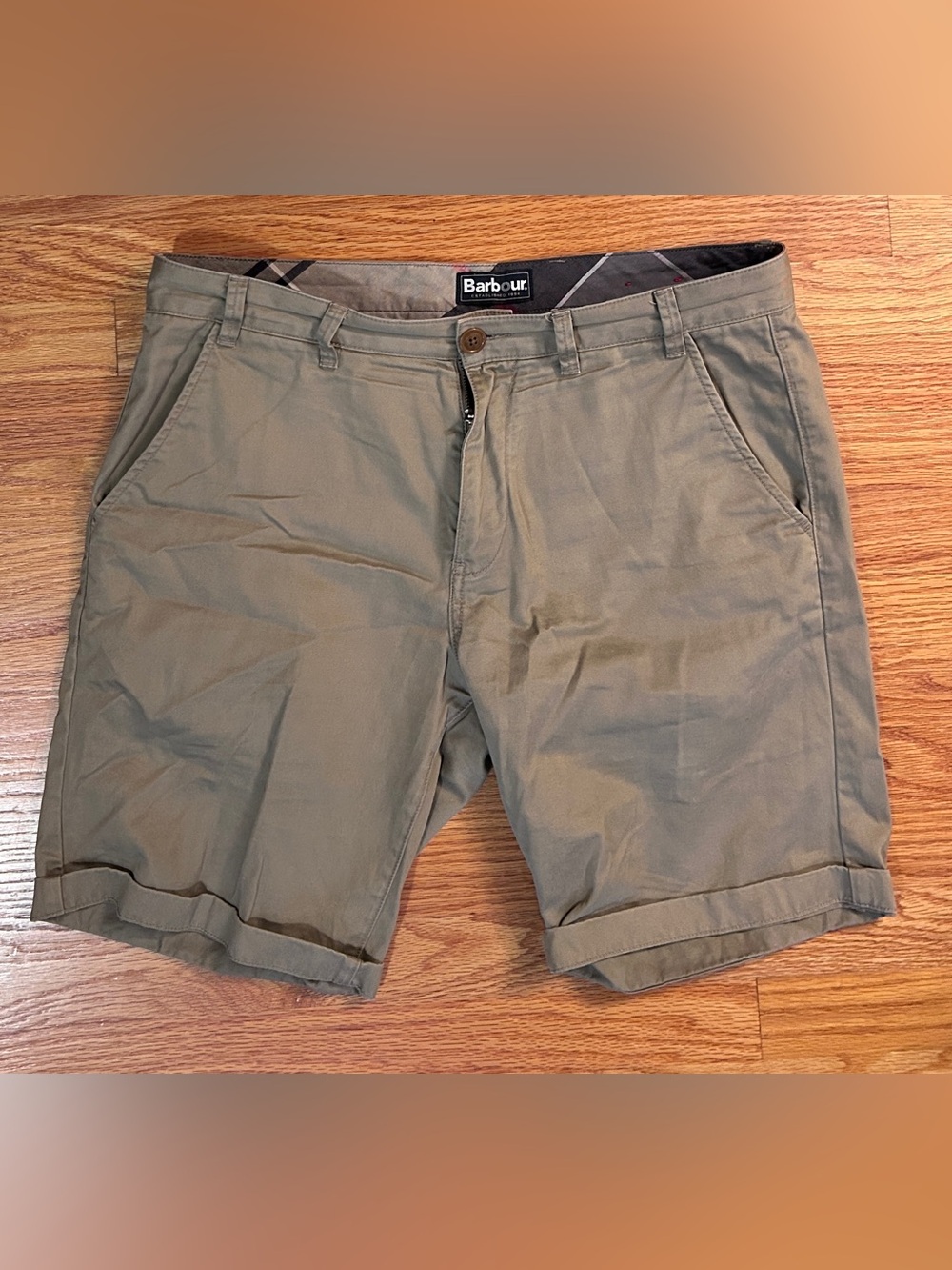 Barbour Tan Flat Front Cotton Shorts, 36